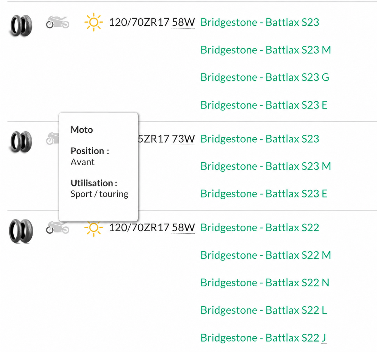 Résultats de recherche de pneus moto avec une infobulle en français indiquant la position avant et l’utilisation sport ou touring